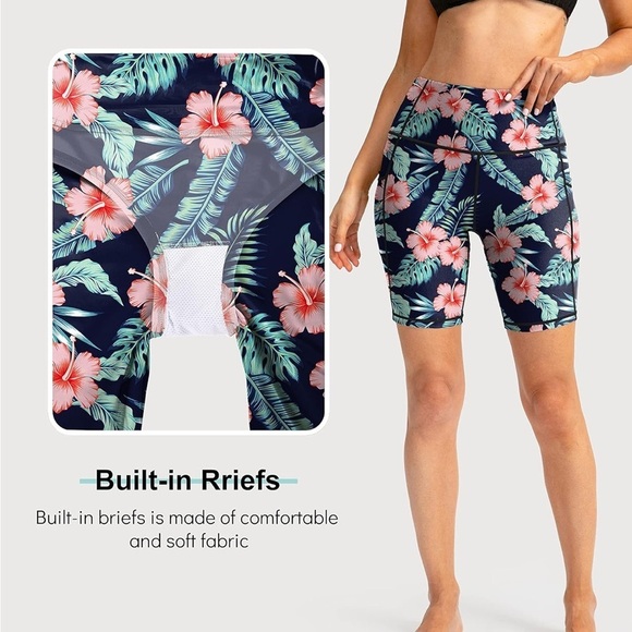 Tropical Floral Biker Swim Shorts with Pockets - Picture 2 of 10